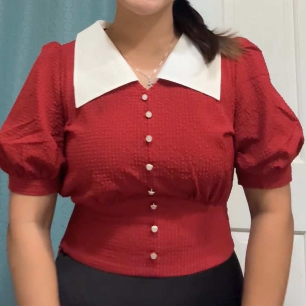 Chic Red Blouse with White Collar